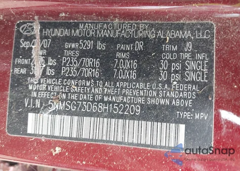 2008 Hyundai Santa Fe Gls from USA, damaged, VIN 5NMSG73D68H152209